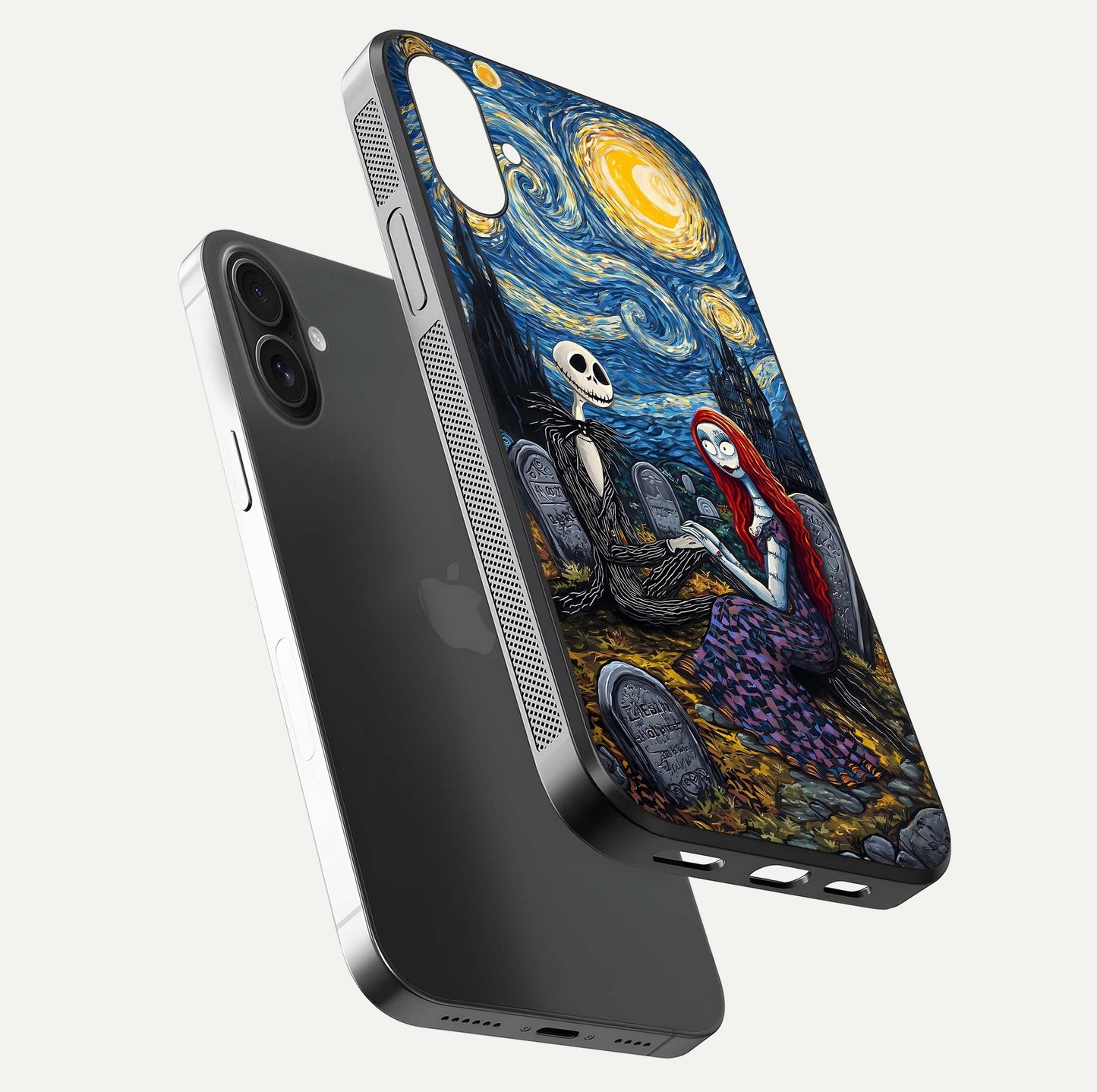 Eternal Night Love Glass Case for iPhone 16 Plus floating mockup showing gloss brightness and romantic vibe
