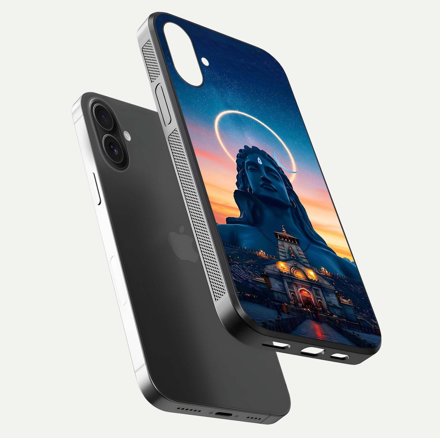 Eternal Shiva Aura Glass Case for iPhone 16 Plus floating mockup showing gloss texture and spiritual glow