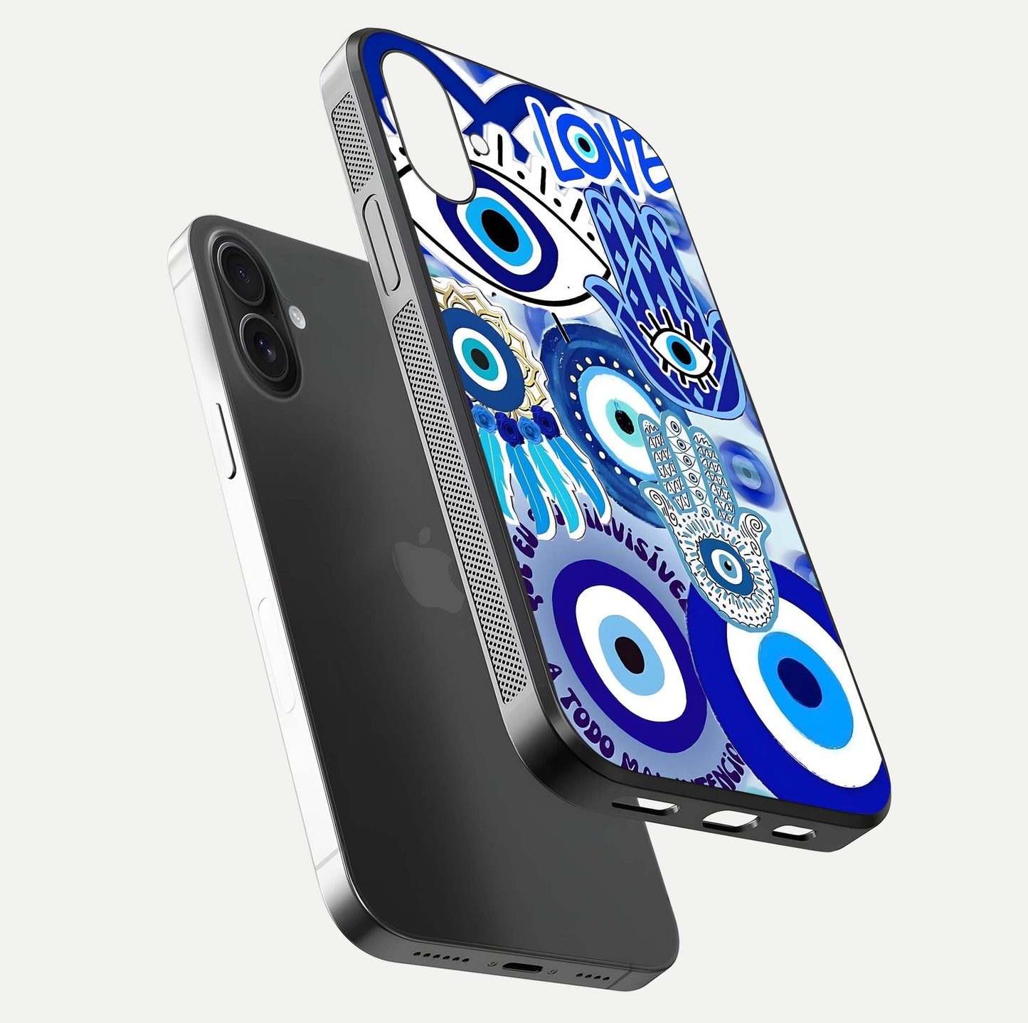 Evil Eyes Dream Glass Case for iPhone 16 Plus floating mockup showing glossy shine and elegant pattern clarity