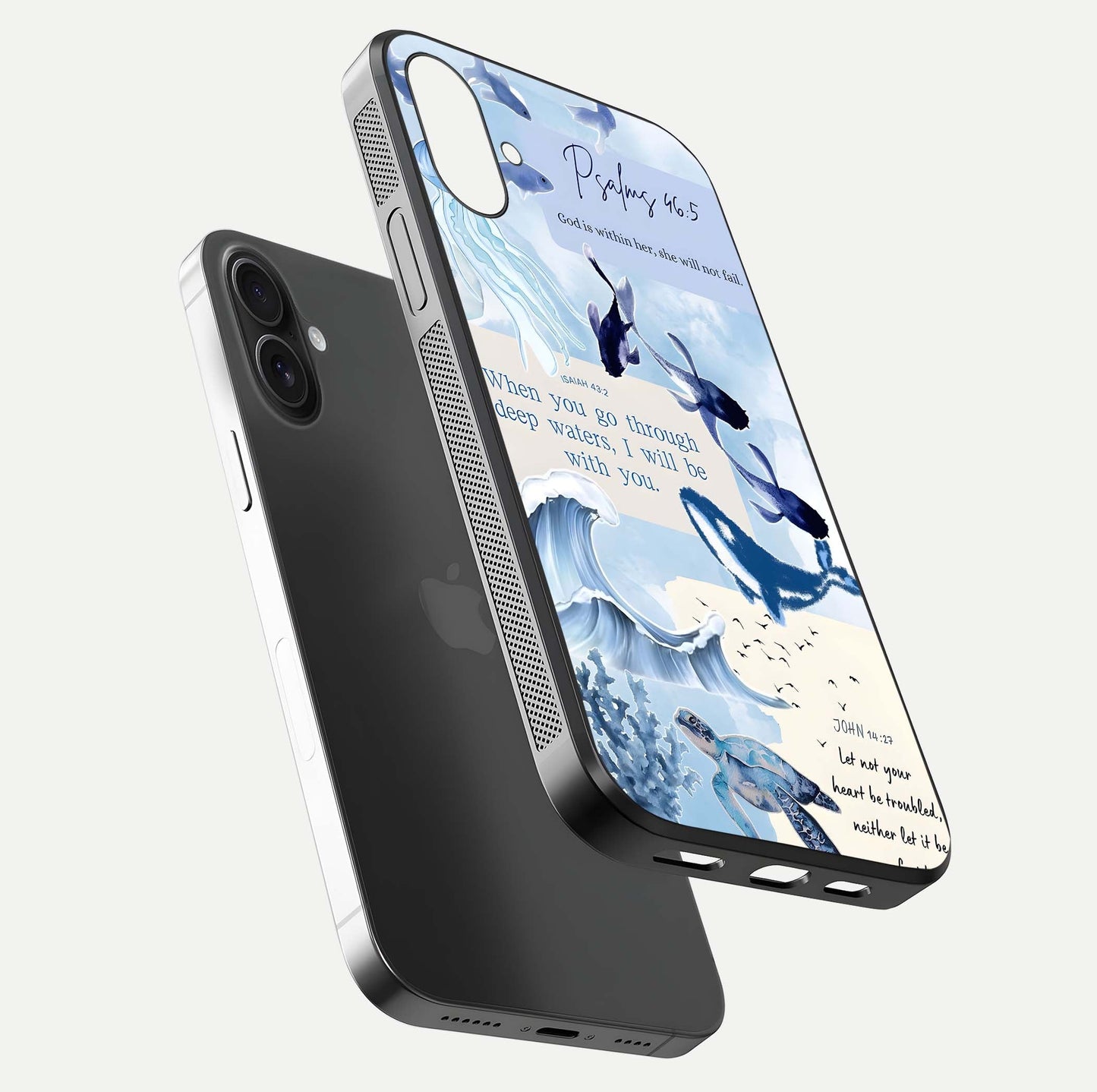 Faithful Ocean Promise Glass Case for iPhone 16 Plus floating mockup displaying glossy surface and vivid depth