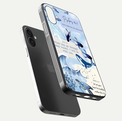 Faithful Ocean Promise Glass Case for iPhone 16 Plus floating mockup displaying glossy surface and vivid depth
