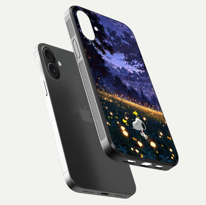 Firefly Meadow Magic Glass Case for iPhone 16 Plus floating mockup showing gloss polish and magical night hues
