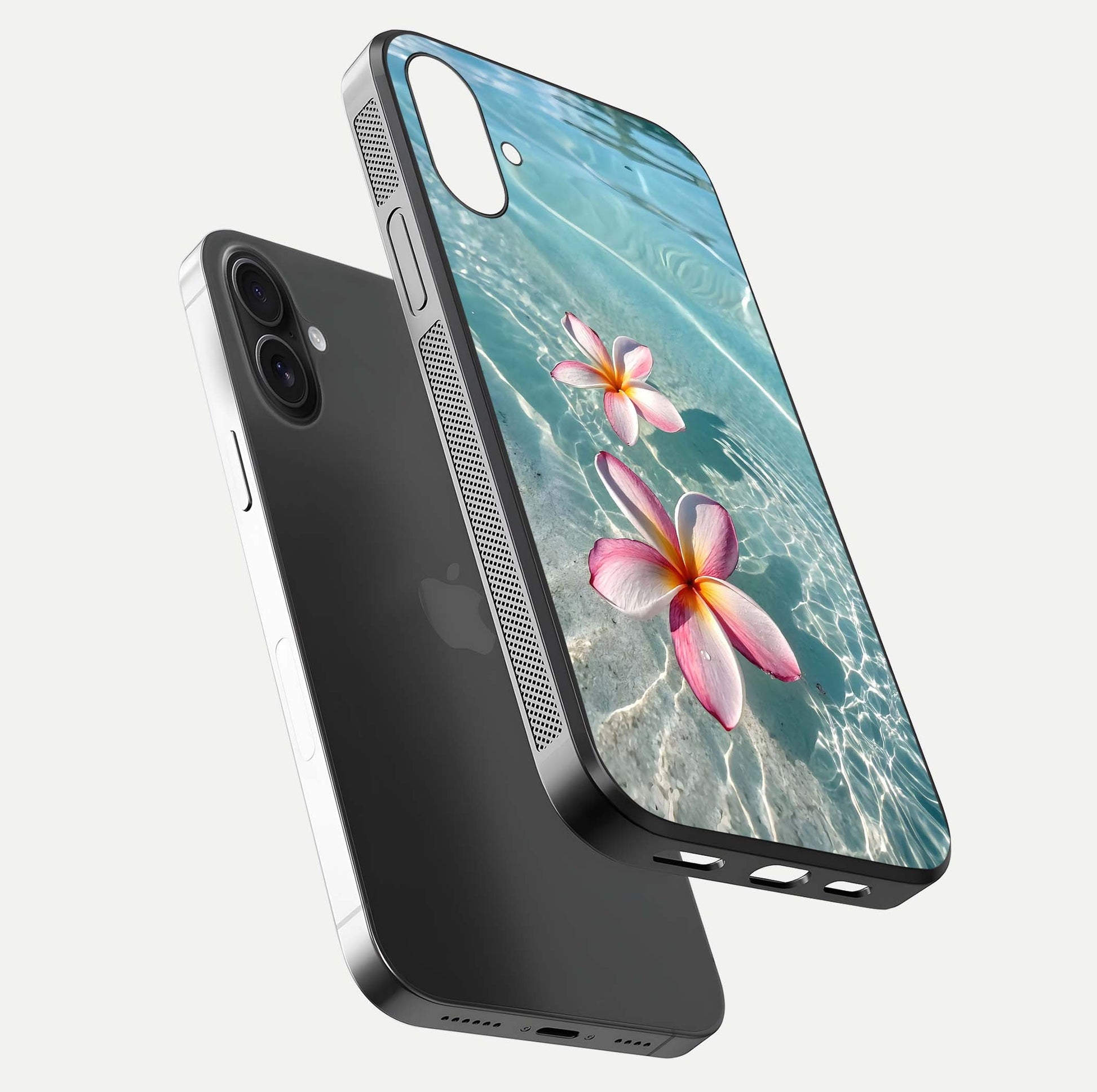 Floating Bloom Bliss Glass Case for iPhone 16 Plus floating mockup showing HD gloss shine and floral texture