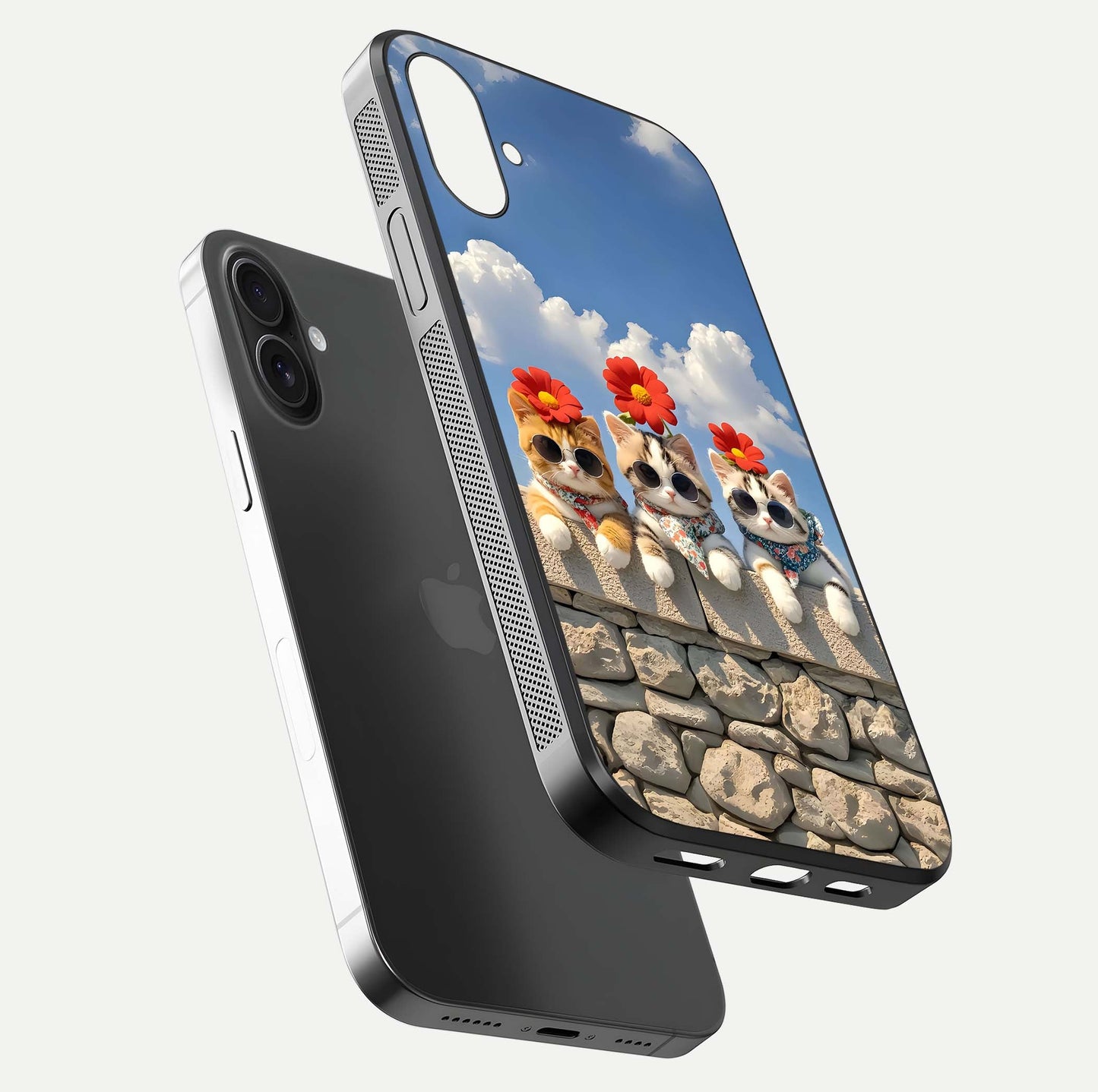 Floral Kitty Squad Glass Case for iPhone 16 Plus floating mockup showing gloss texture and playful charm