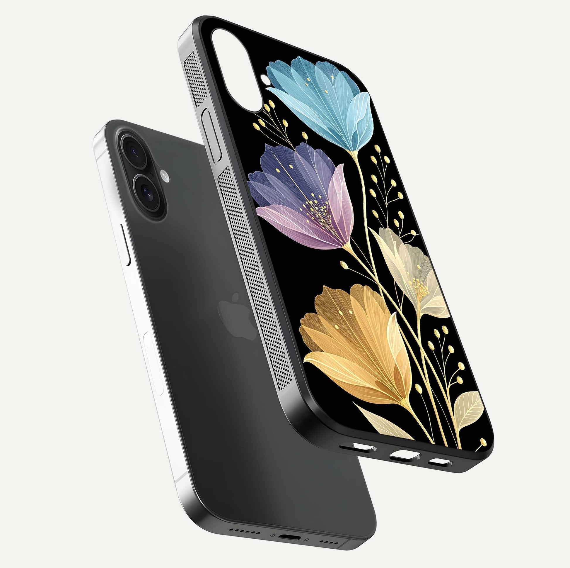 Flower Bloom Glow Glass Case for iPhone 16 Plus floating mockup showing HD shine and artistic detail
