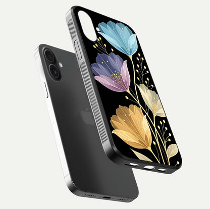 Flower Bloom Glow Glass Case for iPhone 16 Plus floating mockup showing HD shine and artistic detail