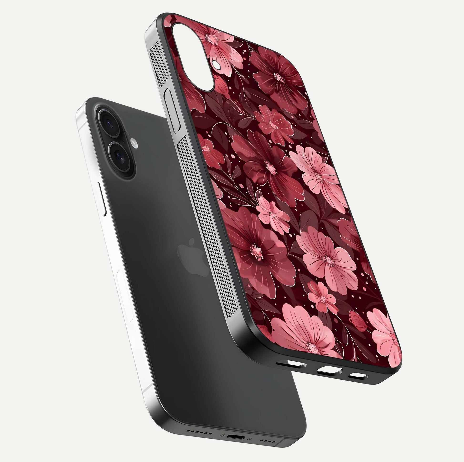 Flower Blush Bloom Glass Case for iPhone 16 Plus floating mockup showing shine polish and elegant look