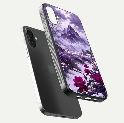 Flower Mountain View Glass Case for iPhone 16 Plus floating mockup showing reflection glow and artistic clarity