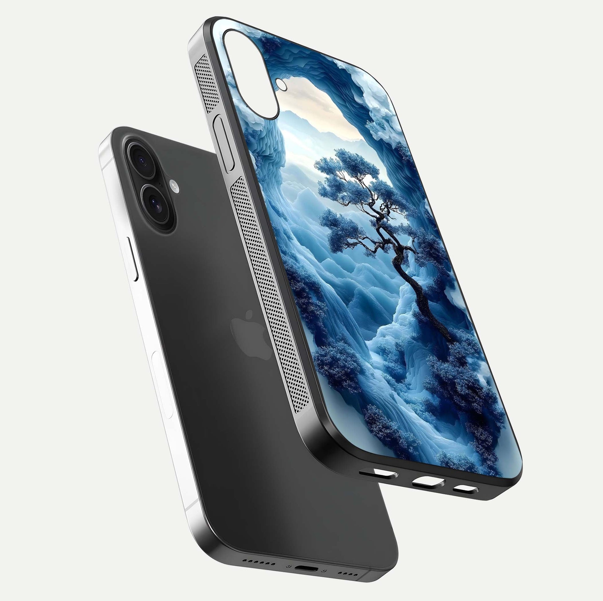 Frozen Serenity Gate Glass Case for iPhone 16 Plus floating mockup showing glossy depth and crystal glow