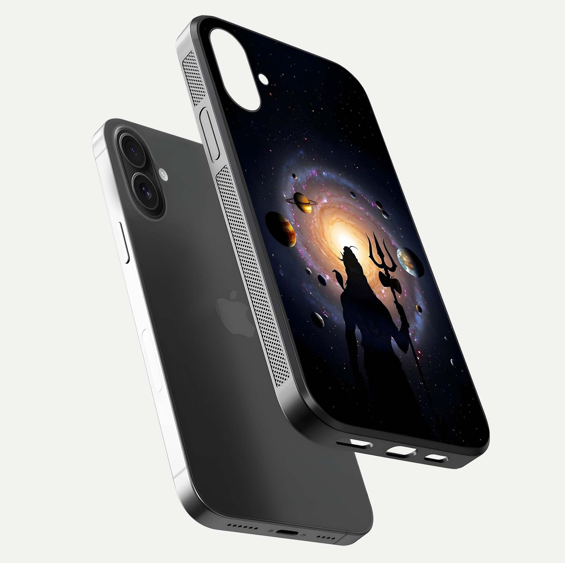 Galactic Shiva Vision Glass Case for iPhone 16 Plus floating dual-view mockup displaying vibrant cosmic colors and smooth gloss texture