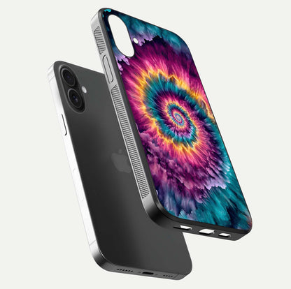 Galactic Spiral Burst Glass Case for iPhone 16 Plus floating dual-view mockup displaying light trails and smooth gloss shine