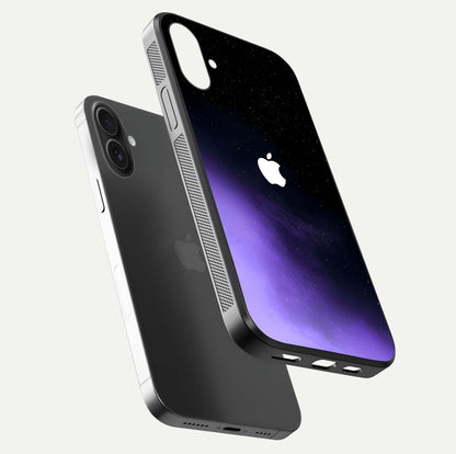 Galaxy Apple Aura Glass Case for iPhone 16 Plus floating dual-view mockup highlighting HD gloss and deep space color blend