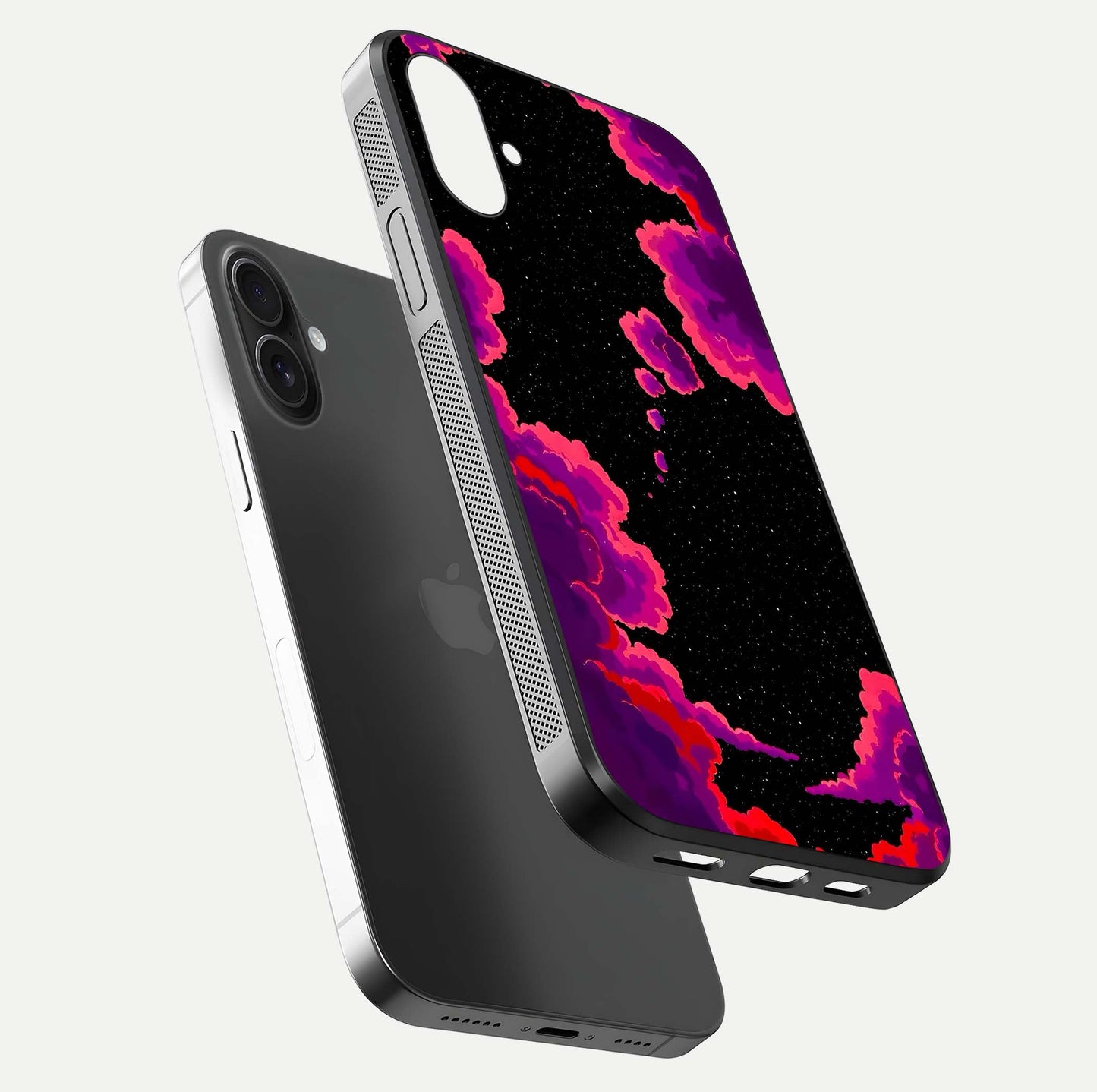 Galaxy Dream Frame Glass Case for iPhone 16 Plus floating dual-view mockup showing vibrant gloss and space-themed tones