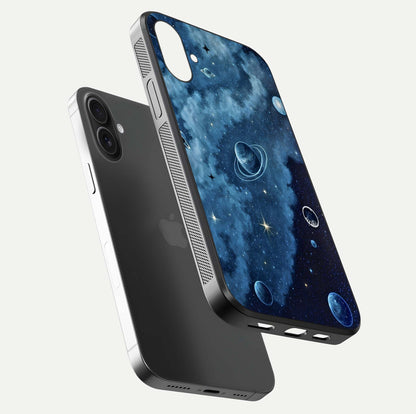 Galaxy Dream Space Glass Case for iPhone 16 Plus floating dual-view mockup showing glossy finish and celestial depth