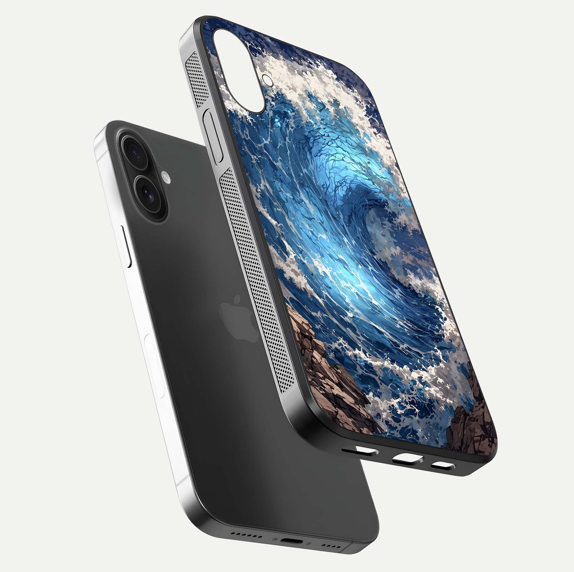 Giant Ocean Wave Glass Case for iPhone 16 Plus floating dual-view mockup showing glossy depth and aquatic blue gradient