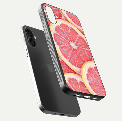 Glitter Grapefruit Glass Case for iPhone 16 Plus floating dual-view mockup showing HD gloss and fresh color detail