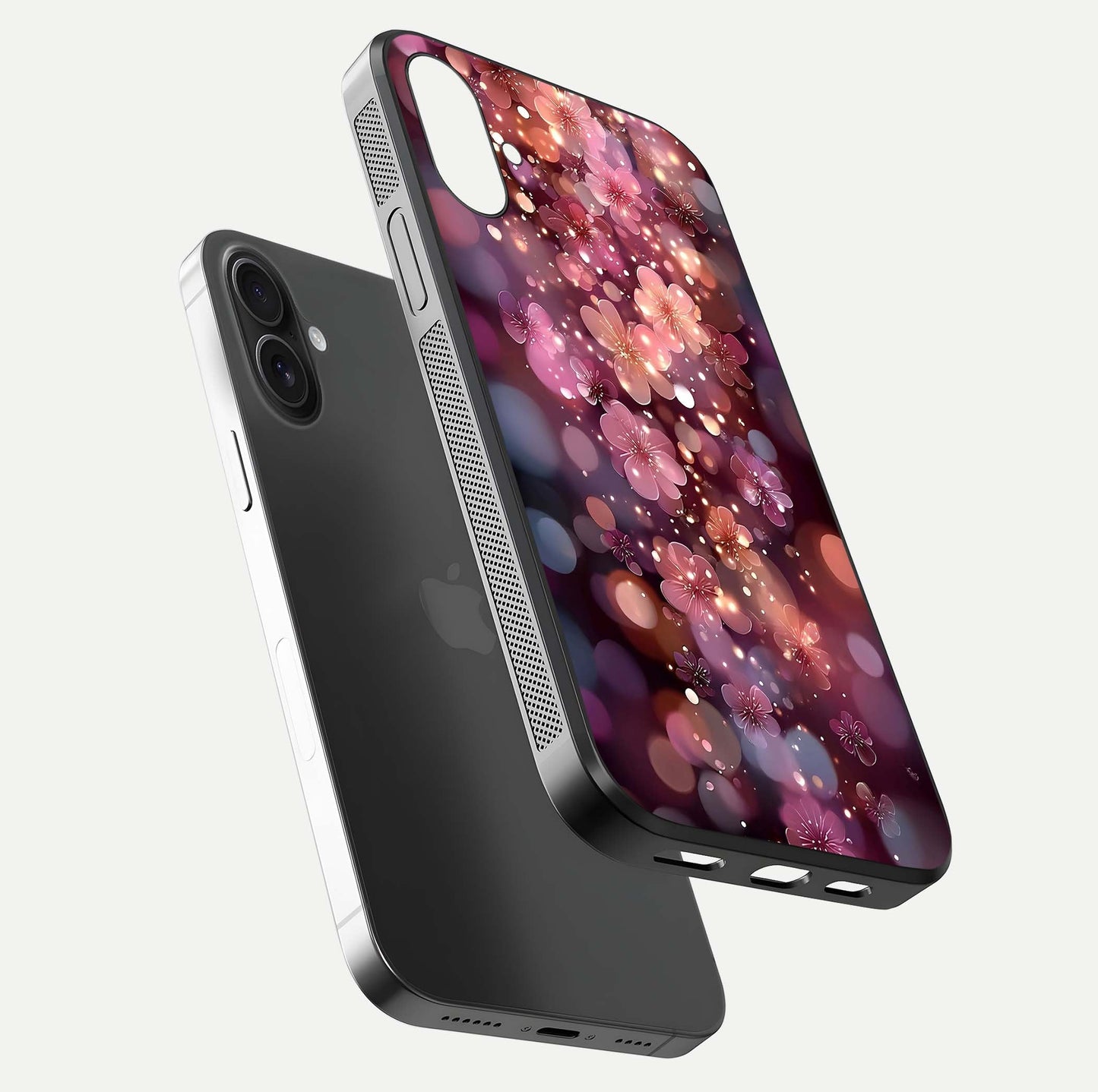 Glowing Petal Bliss Glass Case for iPhone 16 Plus floating dual-view mockup showing gloss brightness and delicate tone
