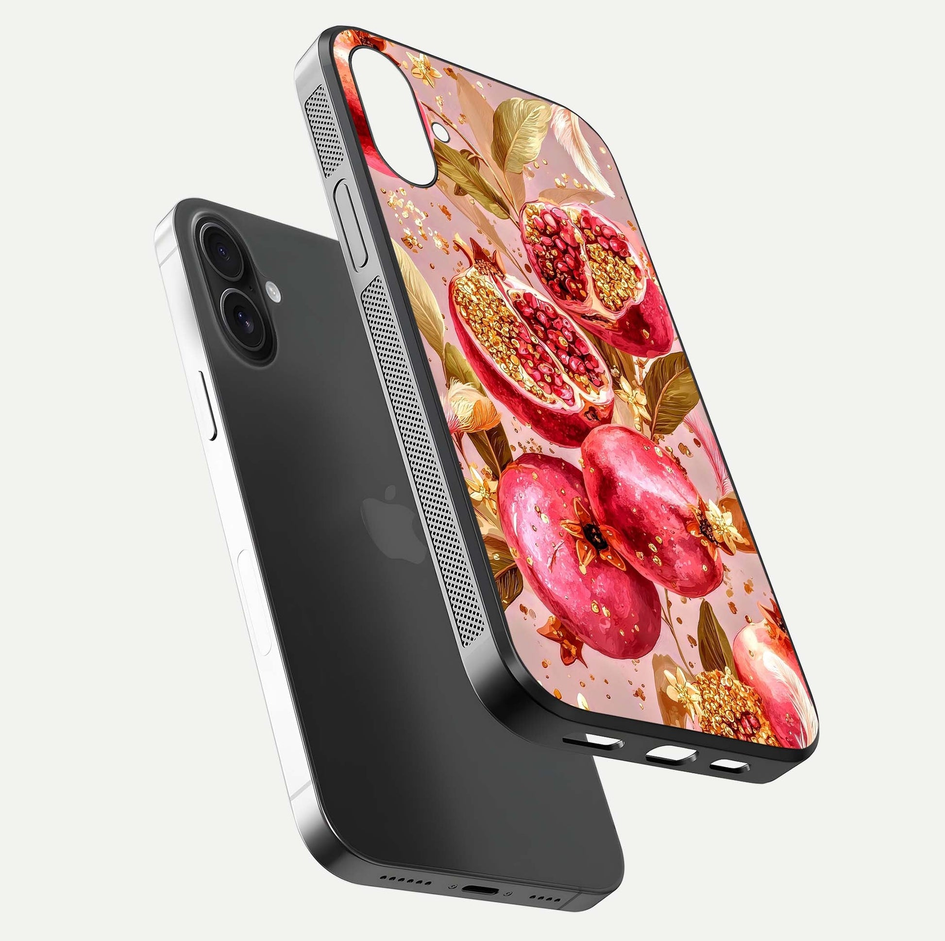 Golden Bloom Glow Glass Case for iPhone 16 Plus floating dual-view mockup showing glossy shine and golden shimmer