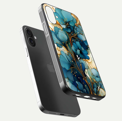 Golden Bloom Symphony Glass Case for iPhone 16 Plus floating dual-view mockup displaying shine texture and luxury pattern