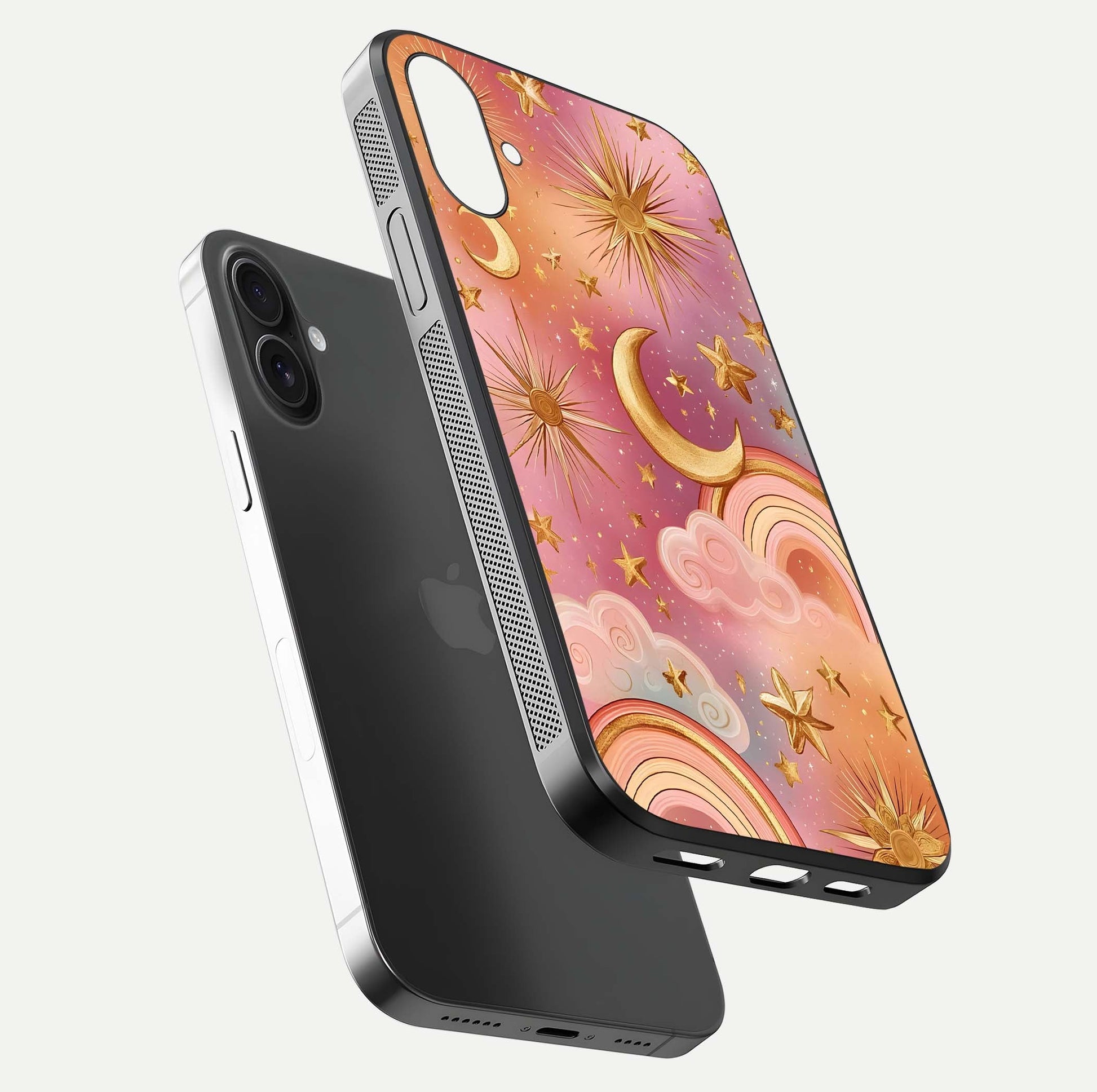 Golden Celestial Dreams Glass Case for iPhone 16 Plus floating dual-view mockup showing gloss surface and dream-like glow
