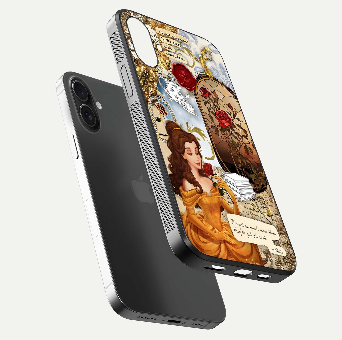 Golden Dream Belle Glass Case for iPhone 16 Plus floating dual-view mockup highlighting gloss texture and elegant shimmer
