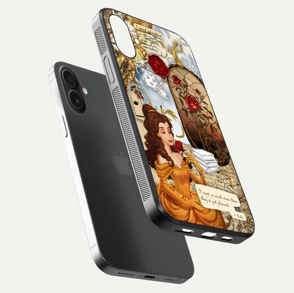 Golden Dream Belle Glass Case for iPhone 16 Plus floating dual-view mockup highlighting gloss texture and elegant shimmer