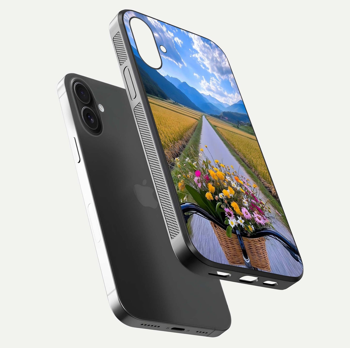 Golden Field Journey Glass Case for iPhone 16 Plus floating dual-view mockup showing gloss surface and field depth