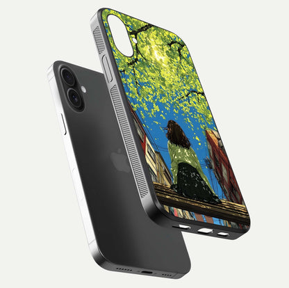 Golden Leaves Glow Glass Case for iPhone 16 Plus floating dual-view mockup showing gloss depth and gold-leaf detail