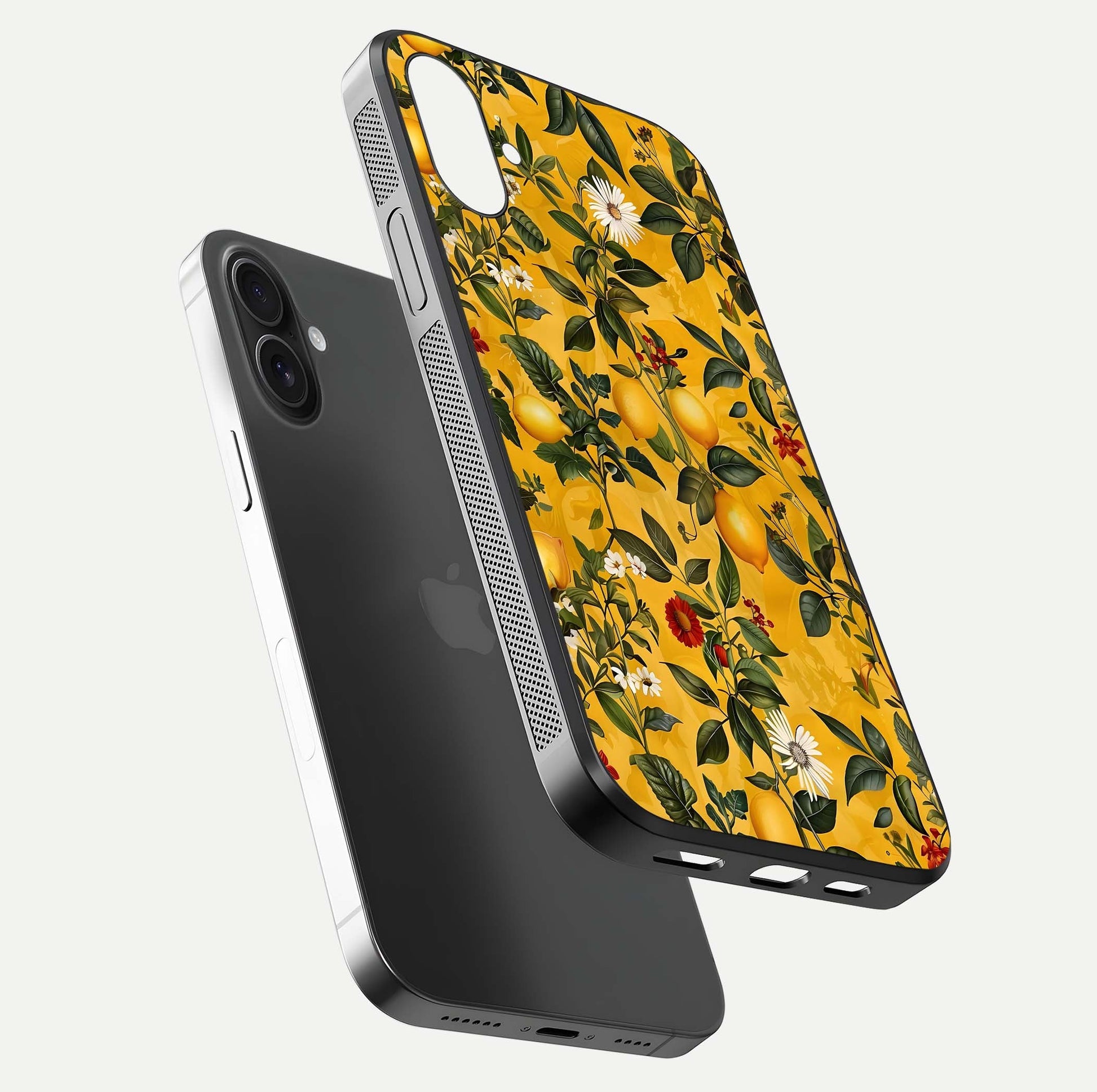 Golden Lemon Field Glass Case for iPhone 16 Plus floating dual-view mockup showing gloss shine and yellow-gold palette