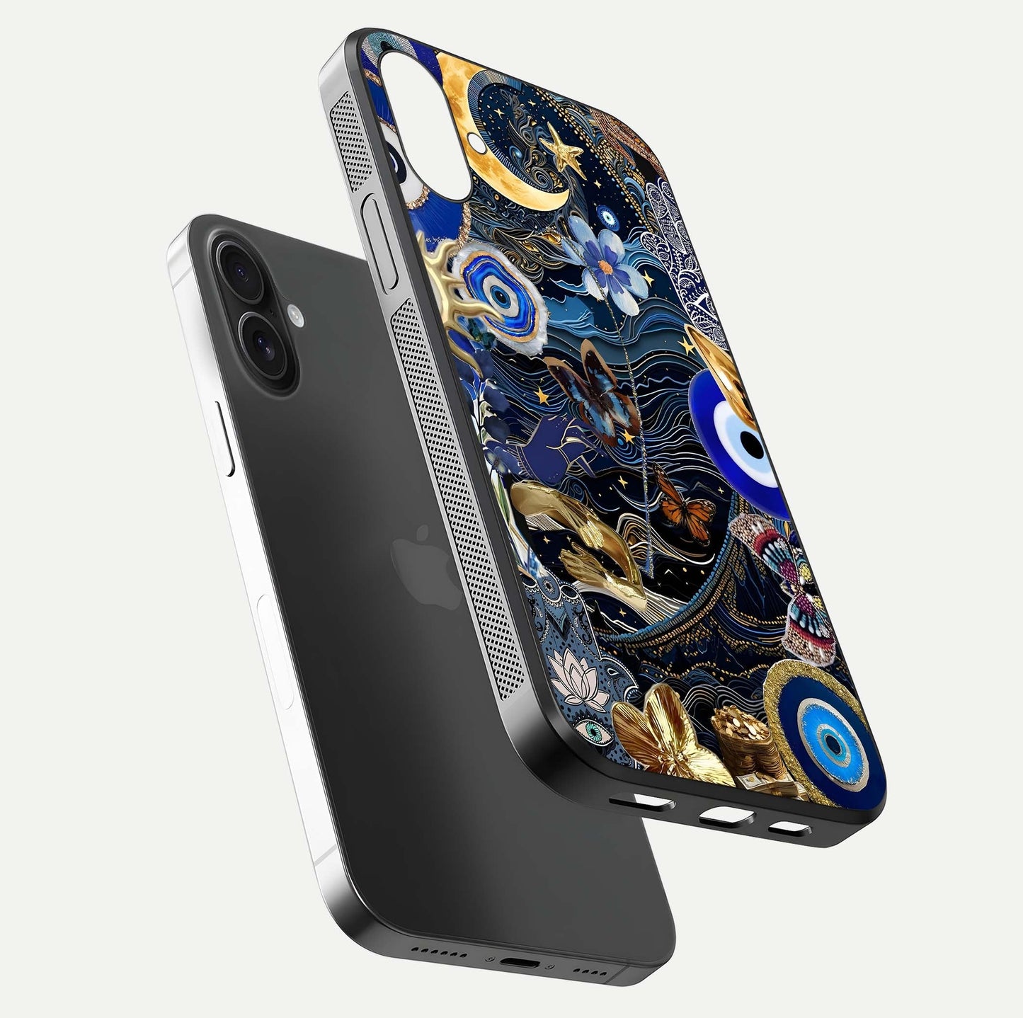 Golden Moon Magic Glass Case for iPhone 16 Plus floating dual-view mockup showing gloss texture and golden illumination