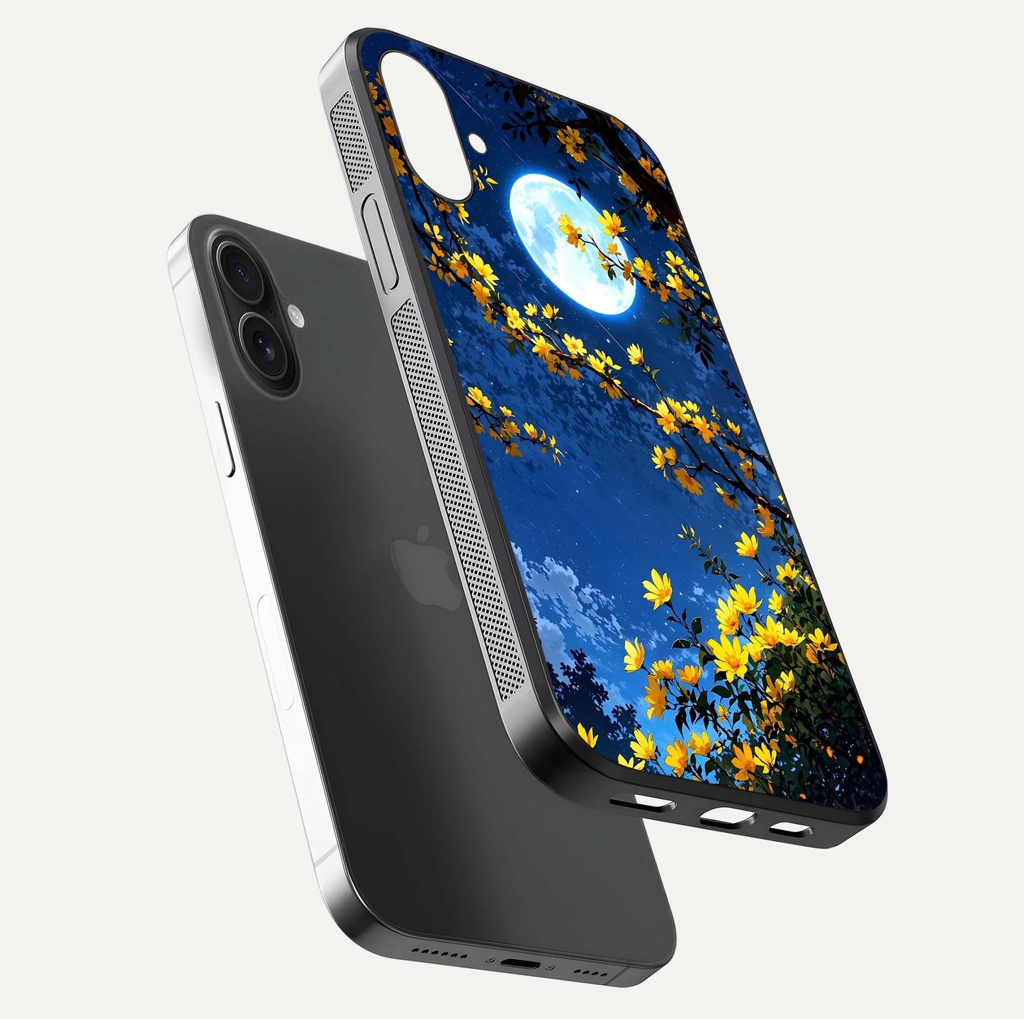 Golden Night Glow Glass Case for iPhone 16 Plus floating dual-view mockup showing gloss polish and luxury shine