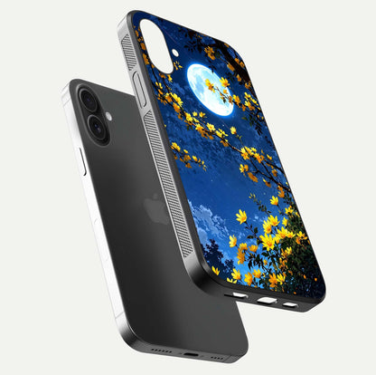 Golden Night Glow Glass Case for iPhone 16 Plus floating dual-view mockup showing gloss polish and luxury shine