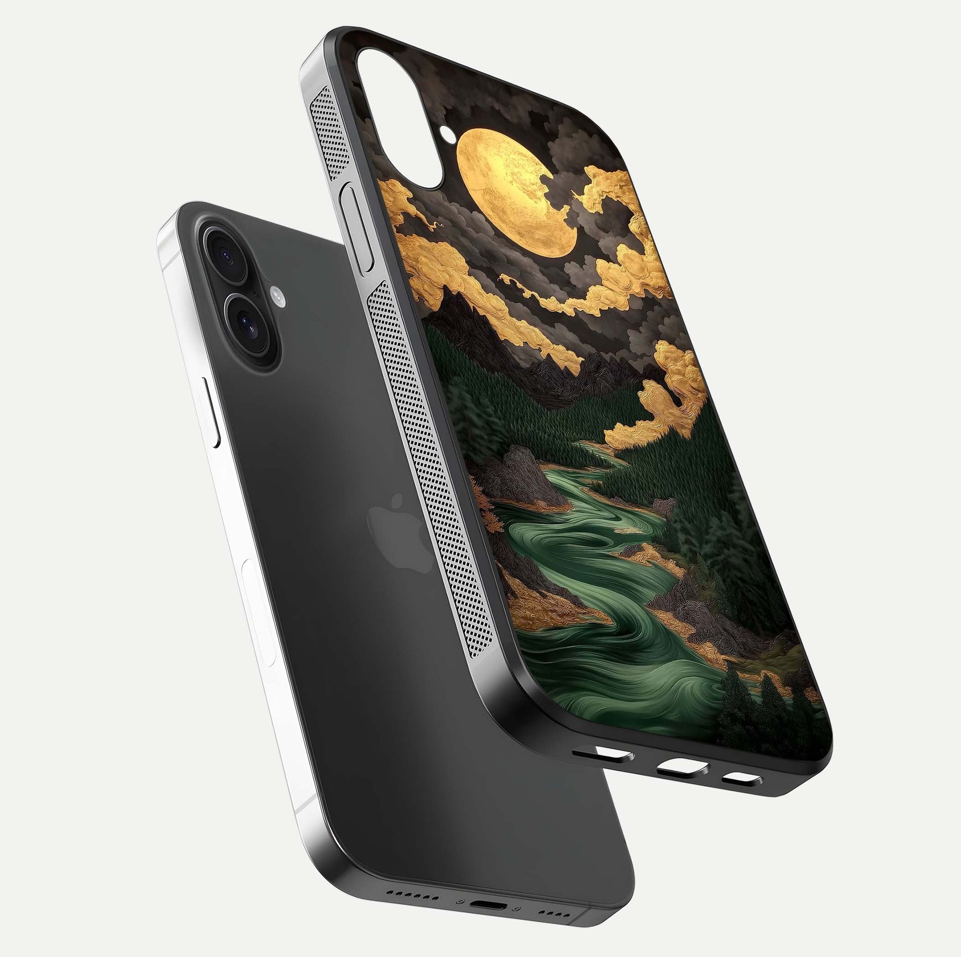 Golden River Moon Glass Case for iPhone 16 Plus floating dual-view mockup showing gloss surface and luxury tone