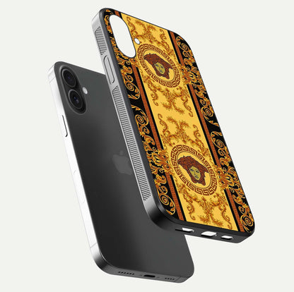 Golden Royal Heritage Glass Case for iPhone 16 Plus floating dual-view mockup showing glossy surface and rich regal tone