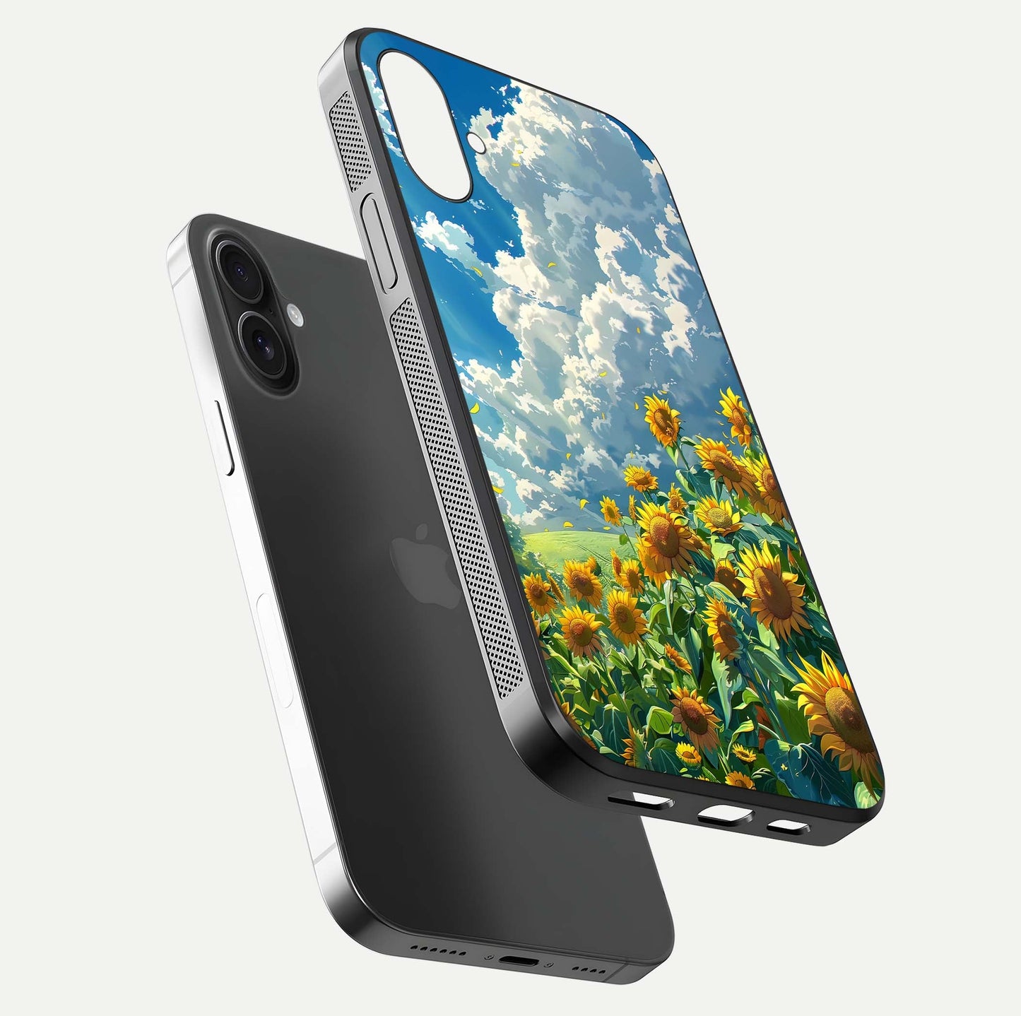 Golden Sun Glory Glass Case for iPhone 16 Plus floating dual-view mockup showing gloss shine and premium surface