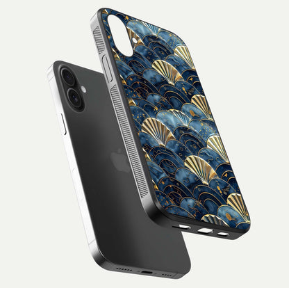 Golden Wave Luxe Glass Case for iPhone 16 Plus floating dual-view mockup showing gloss surface and shimmering tones
