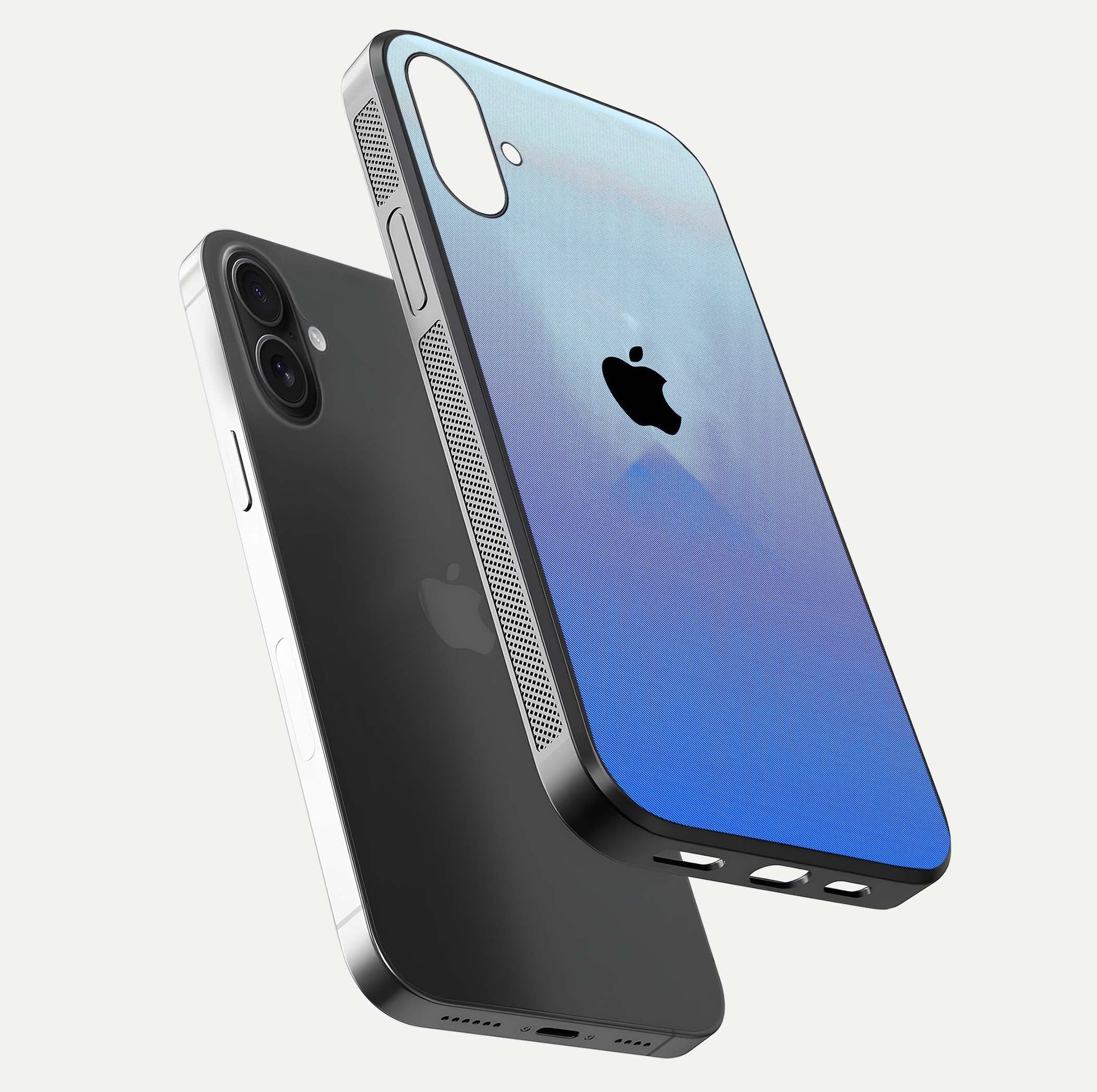 Gradient Apple Vibe Glass Case for iPhone 16 Plus floating dual-view mockup showing gloss polish and gradient blend