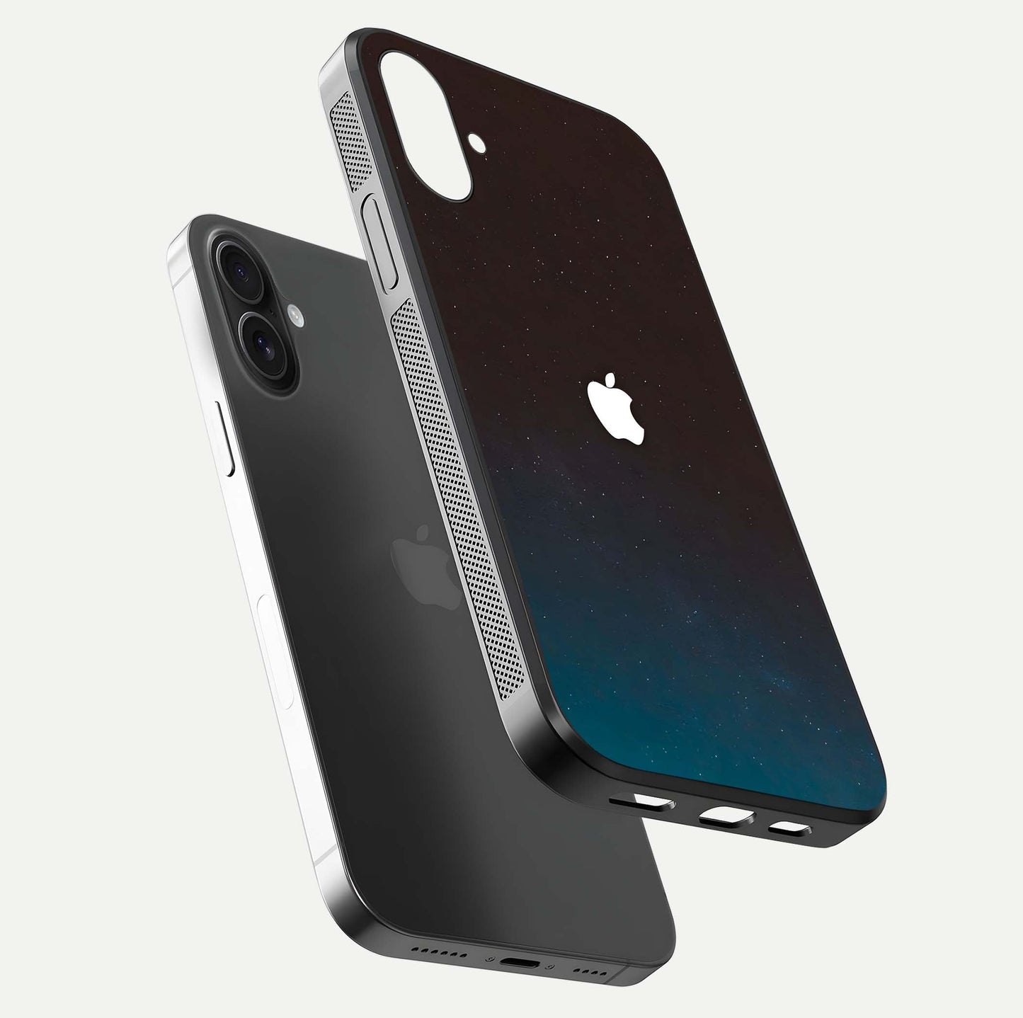 Green Emerald Apple Logo Glass Case for iPhone 16 Plus floating dual-view mockup showing glossy shine and premium color tone