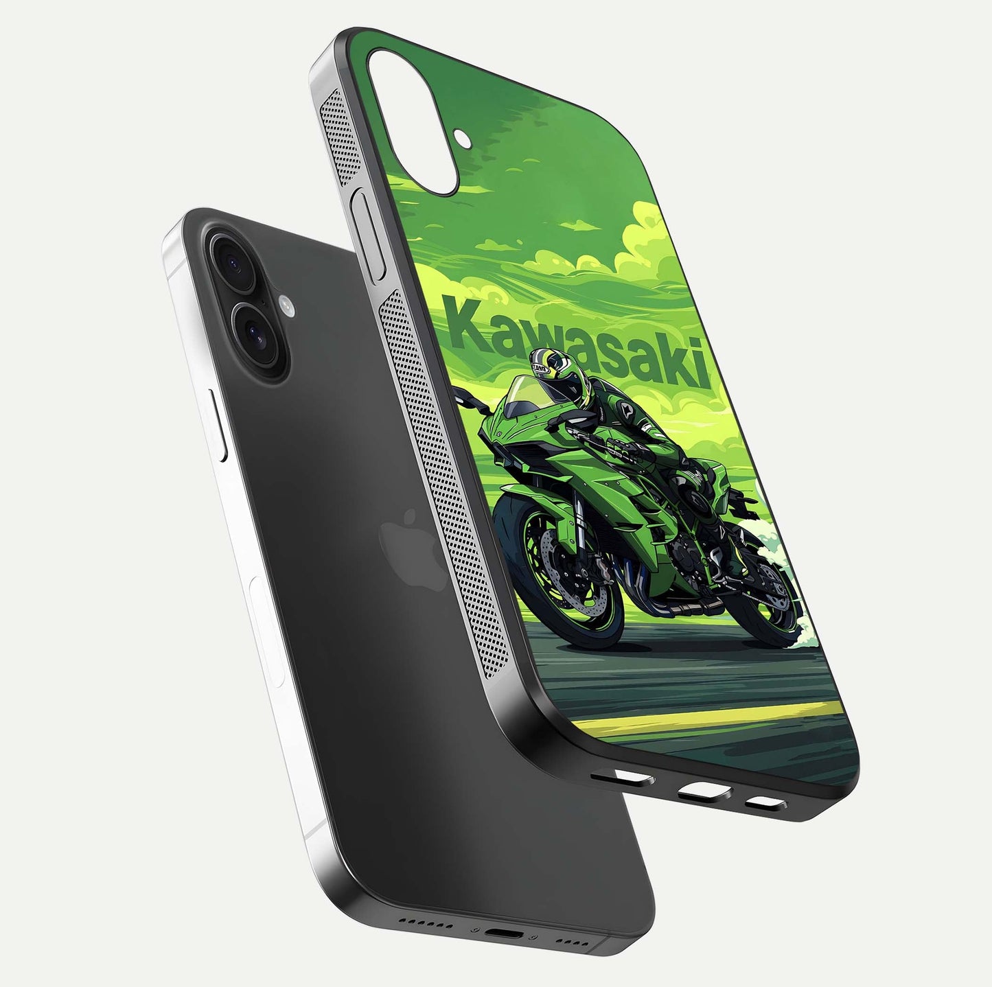 Green Kawasaki Glass Case for iPhone 16 Plus floating dual-view mockup showing gloss surface and power-bike theme