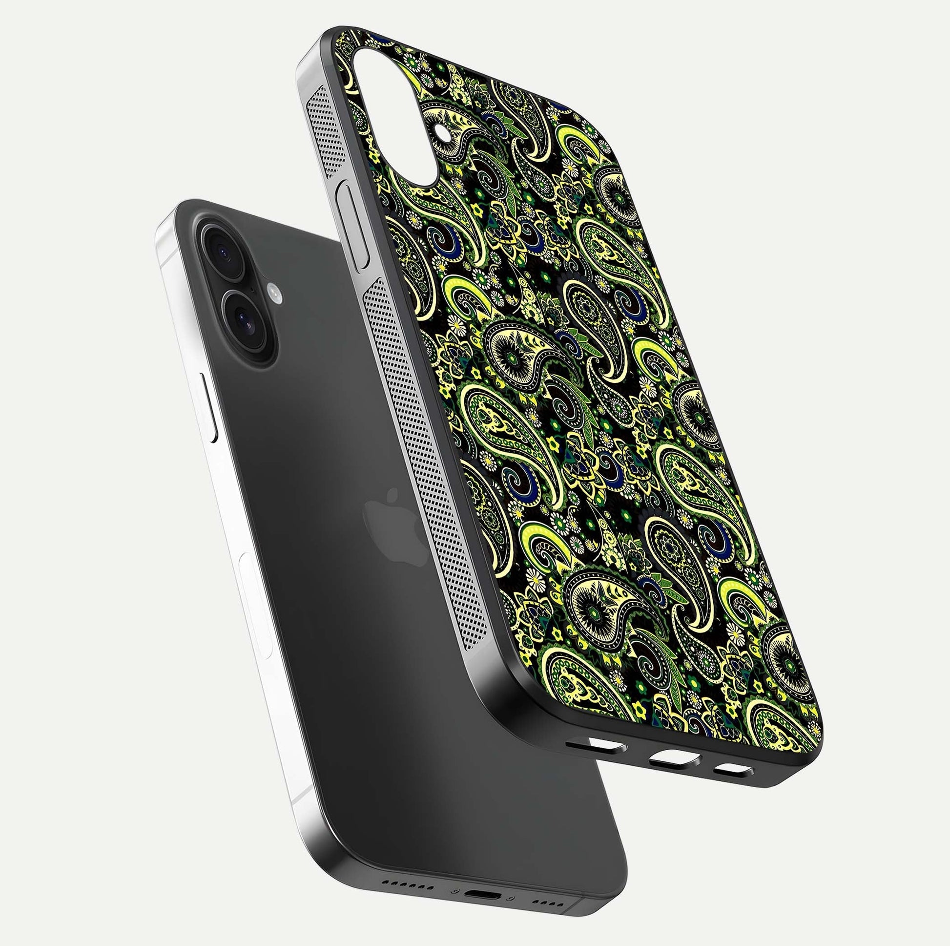 Green Mandala Pattern Glass Case for iPhone 16 Plus floating dual-view mockup showing gloss texture and symmetry shine