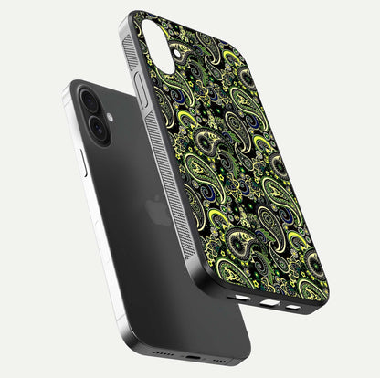 Green Mandala Pattern Glass Case for iPhone 16 Plus floating dual-view mockup showing gloss texture and symmetry shine