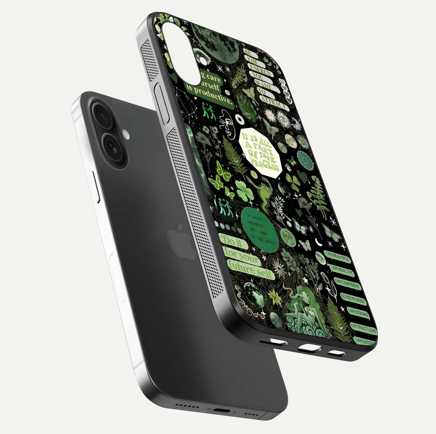 Green Moon Energy Glass Case for iPhone 16 Plus floating dual-view mockup showing glossy texture and energy aura