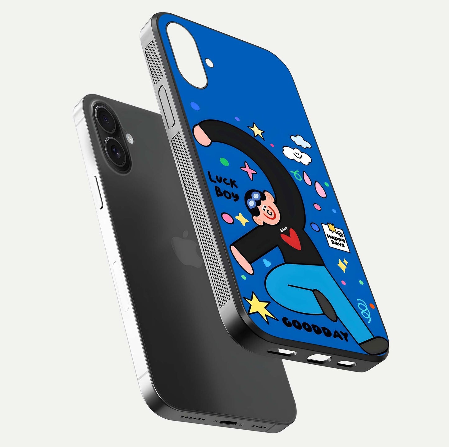 Happy Luck Vibe Glass Case for iPhone 16 Plus floating dual-view mockup showing glossy tone and bright finish