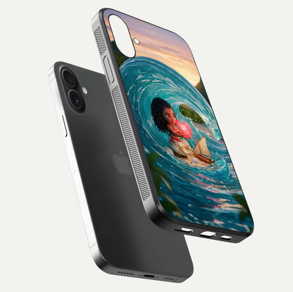 Heart of Ocean Glass Case for iPhone 16 Plus floating dual-view mockup showing gloss surface and aquatic design