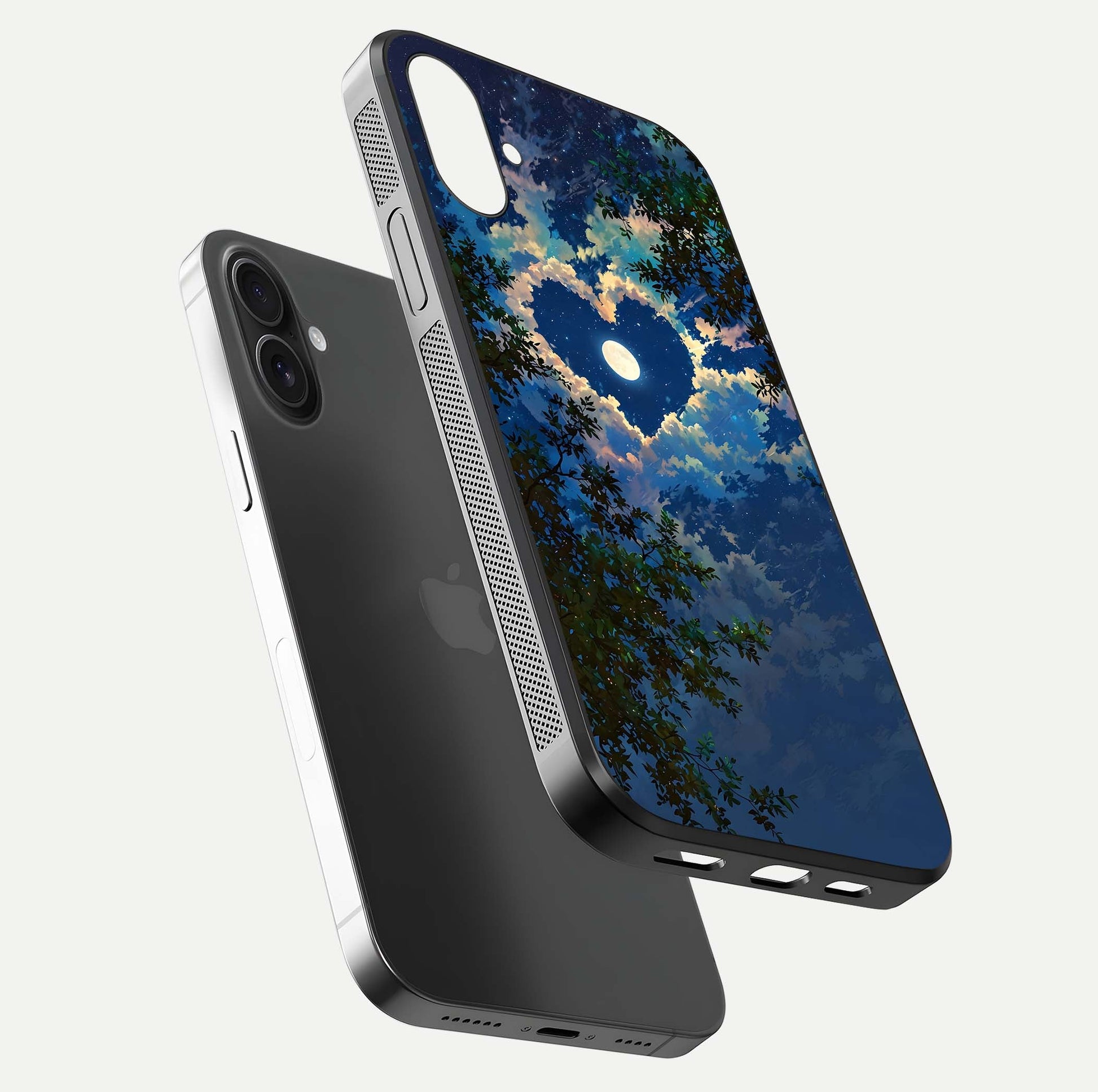 Heart with Moon Sky Glass Case for iPhone 16 Plus floating dual-view mockup showing gloss texture and romantic sky glow