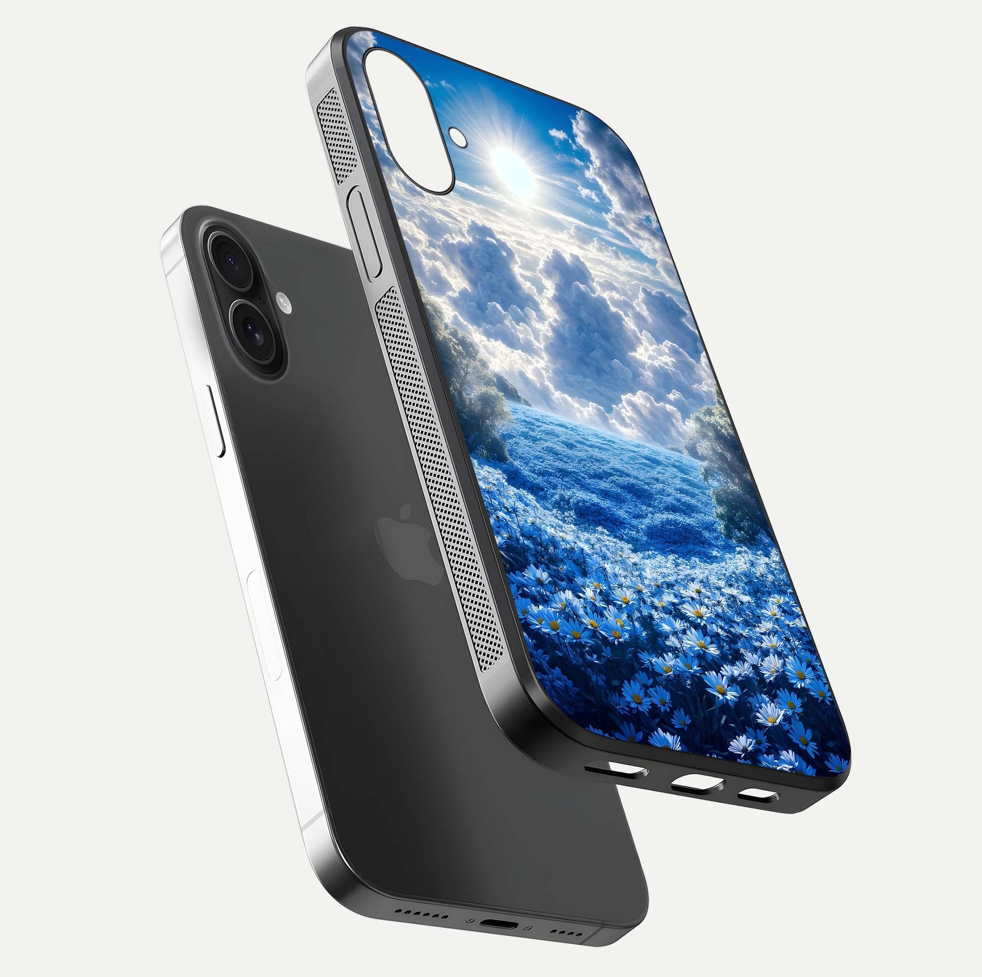 Heavenly Daisy Horizon Glass Case for iPhone 16 Plus floating dual-view mockup showing gloss polish and soft pastel background