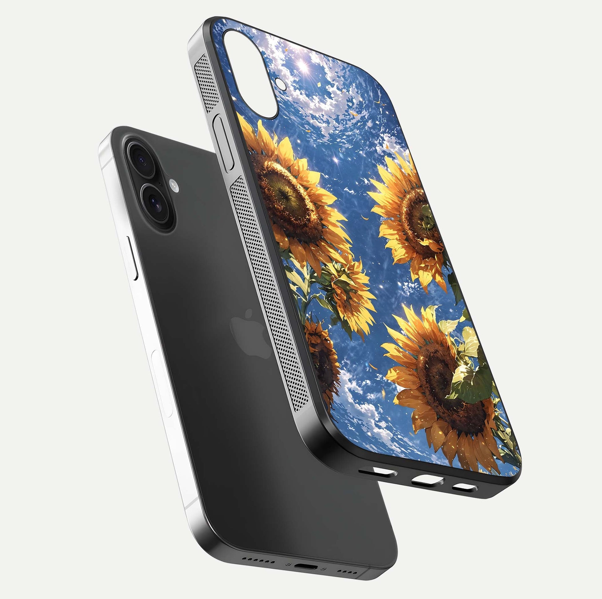 Heavenly Sunflower Rise Glass Case for iPhone 16 Plus floating dual-view mockup showing gloss brightness and morning-light feel