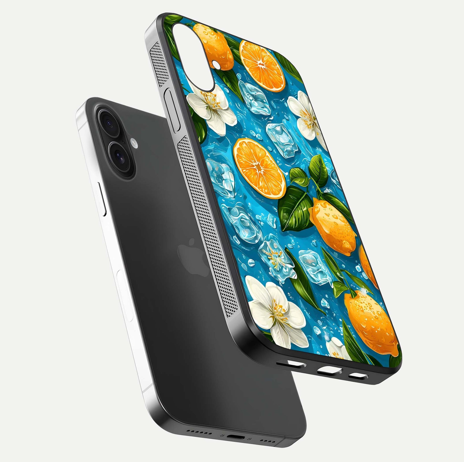 Ice Cube With Orange Glass Case for iPhone 16 Plus floating dual-view mockup showing glossy shine and cool refreshing tone