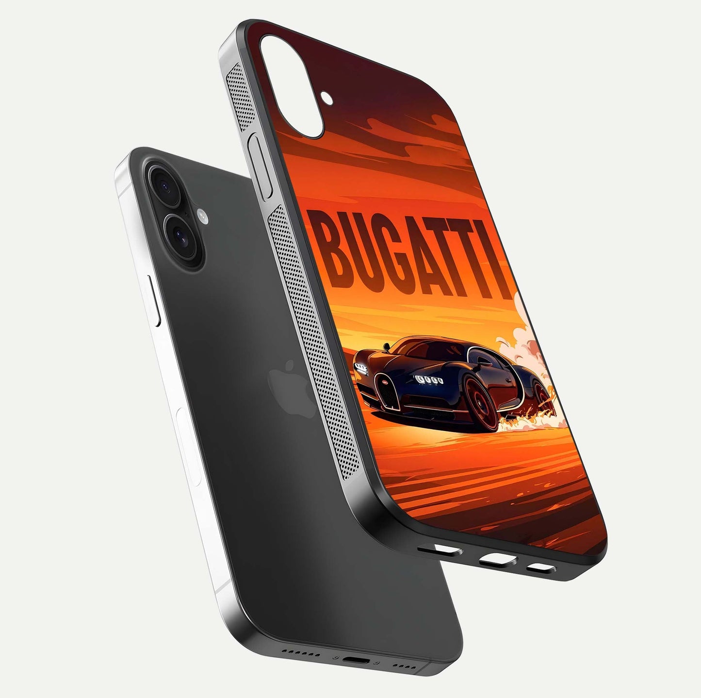 Inferno Bugatti Storm Glass Case for iPhone 16 Plus floating dual-view mockup showing gloss surface and racing energy