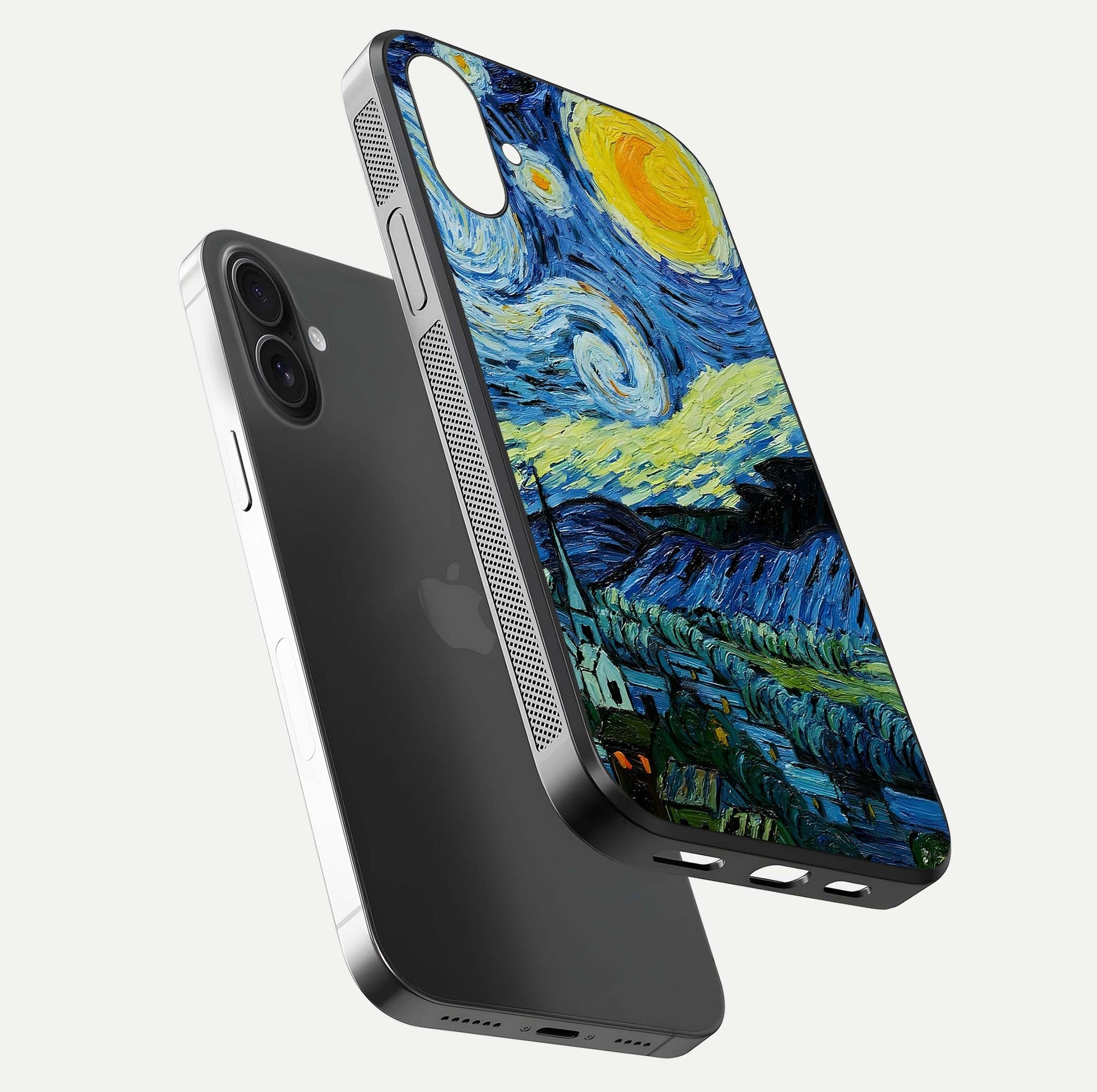 Inspired Van Gogh Art Glass Case for iPhone 16 Plus floating dual-view mockup showing gloss depth and artistic reflection